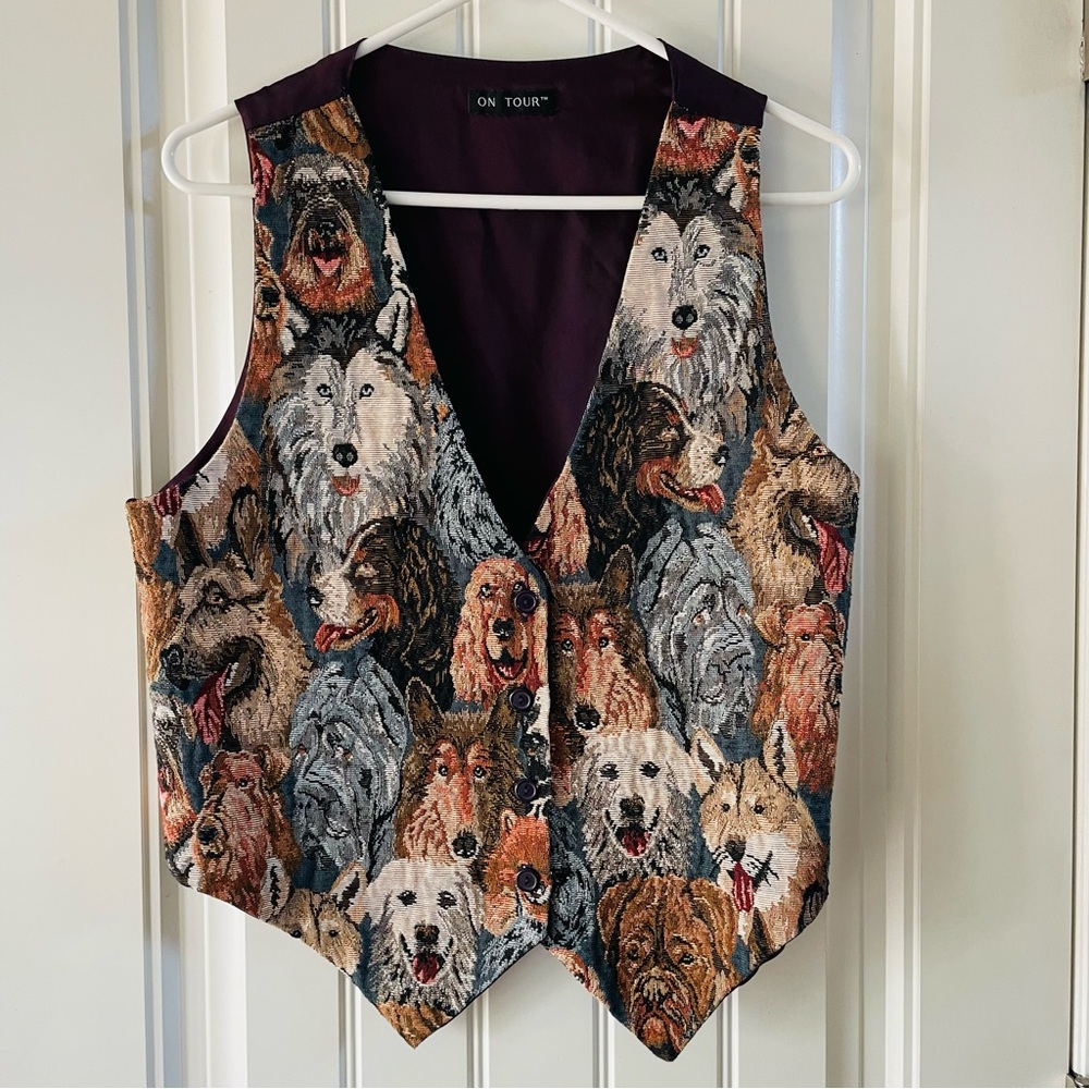 Vintage On Tour Dog Tapestry Vest Medium 90s Puppy Multi Breed Cottagecore